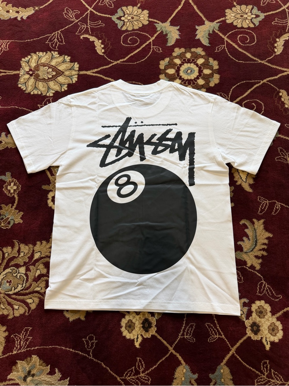 Stussy White Short-Sleeve Tee with Black 8-Ball Graphic